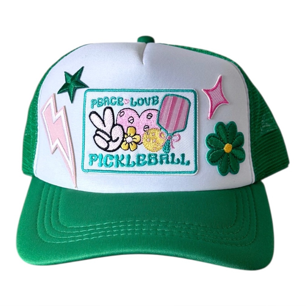 Green & White Peace Love Pickleball Trucker Hat